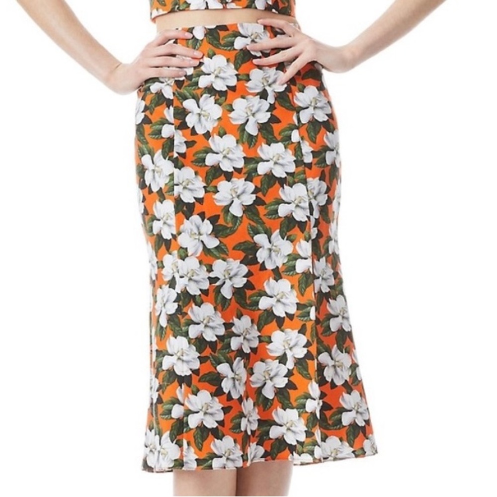 Alice + Olivia Orange Floral Midi Skirt with White Flowers